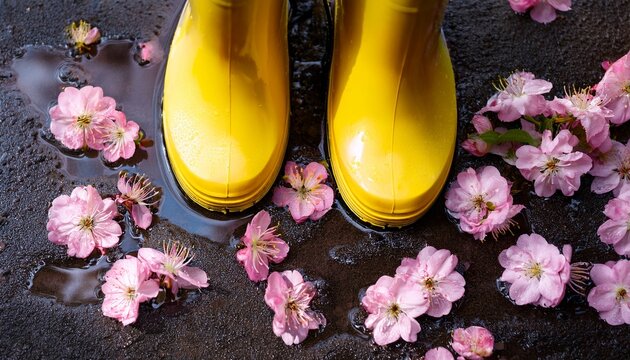 yellow rubber boots in rain puddle with pink cherry blossoms