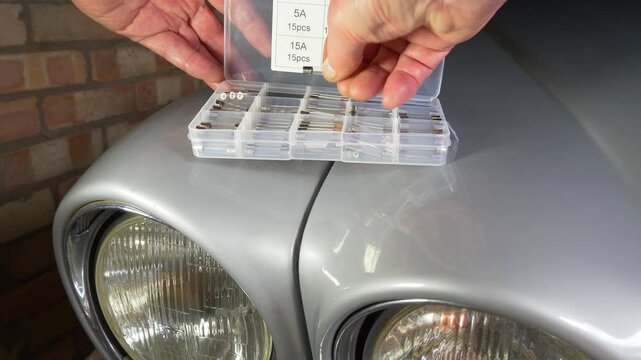 Closeup of a man&rsquo;s hand taking an old type glass fuse from a box of varied current amp ratings, resting on the bodywork of a silver classic car in a garage workshop.