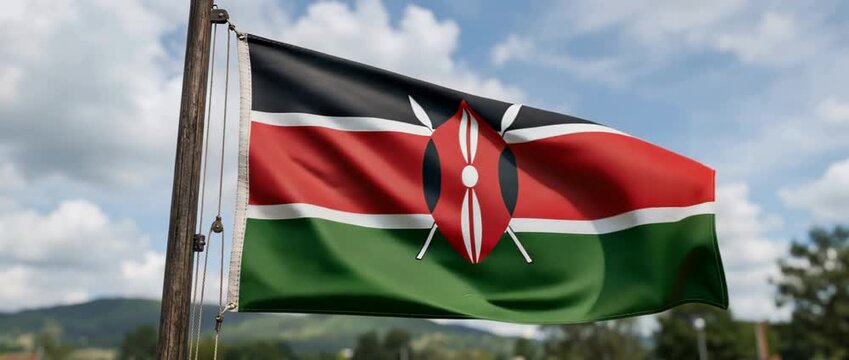 Close-up view of the Kenyan national flag featuring the Maasai shield and spears, waving from a flagpole against a cloudy sky over countryside landscape in daylight
