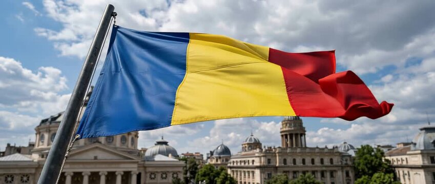 Romanian tricolor flag waving on a metal flagpole above neoclassical civic buildings and domes in an urban square, set against a dramatic cloudy sky during daylight