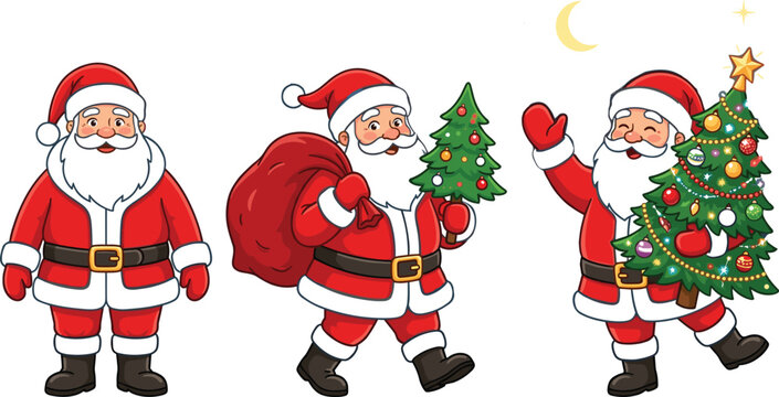 Set of happy Santa Claus cartoon characters carrying sack of gifts and decorated Christmas tree isolated on white background for holiday celebration and winter design