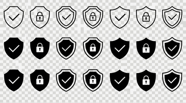 Security icons with checkmarks and locks are arranged in rows on a transparent background.