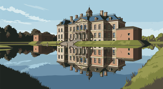 A grand estate with turrets and red brick wings reflected in tranquil water