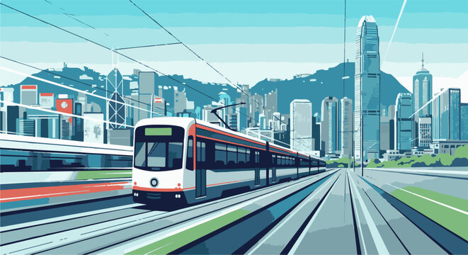 A modern train moves through a city with tall buildings under a clear sky