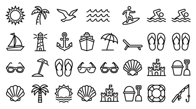 Essential set of summer and beach outline icons, perfect for travel apps, holiday designs, or projects reflecting a vacation mood and outdoor leisure
