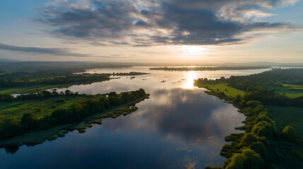 Fototapeta premium Aerial view of a serene lake at sunrise with golden light reflecting on the water, lush green landscape surrounding the tranquil nature scene