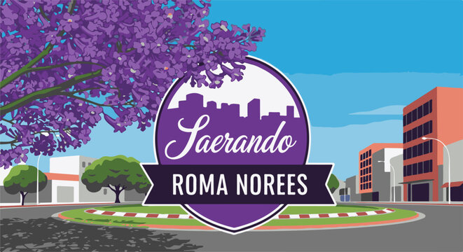 A stylized cityscape with a blooming purple tree and a modern urban backdrop