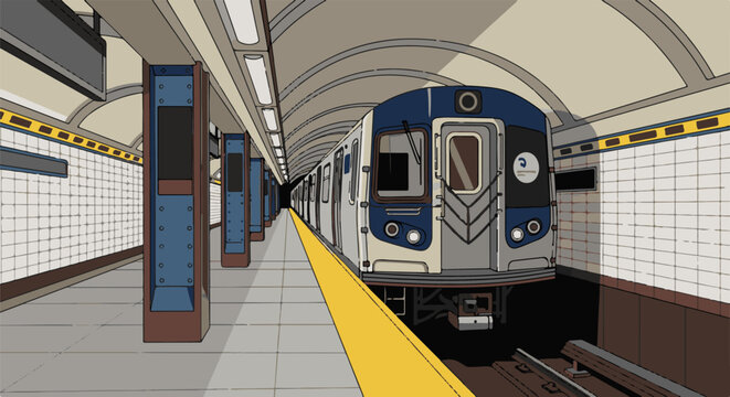 A train waits at a tiled subway station platform with vaulted ceiling