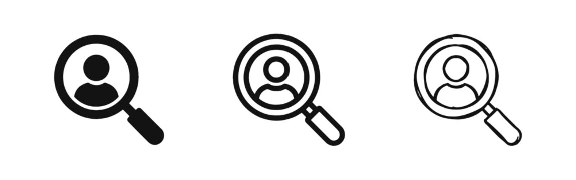 Recruitment Icon Set with Magnifying Glass and Human Person Profile for Job Search