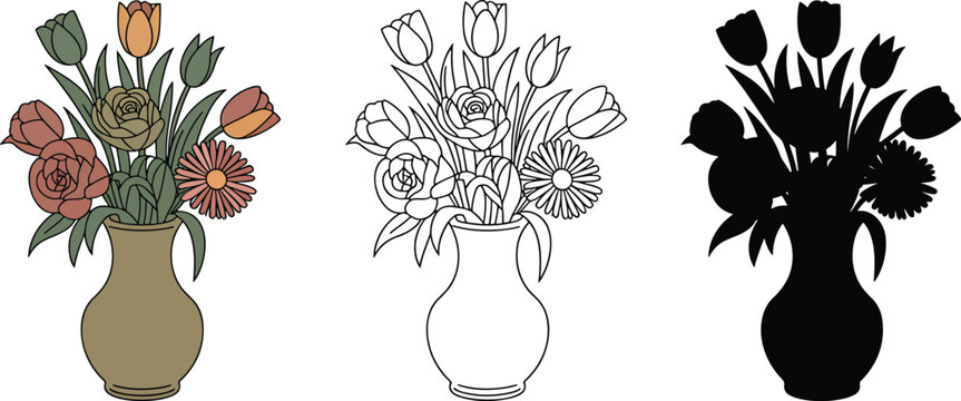 Flower vase silhouette & Outline and illustration set isolated on transparent background