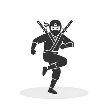 A stylized silhouette depicts a ninja in motion, wearing traditional garb and carrying two swords on its back. The figure is posed