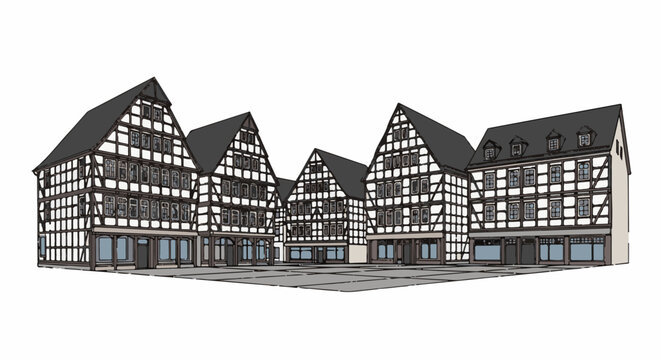 A row of traditional timber-framed buildings with multiple stories, a quaint town square