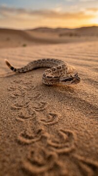 Sidewinder rattlesnake head close-up moving across desert sand &ndash; Low-angle wildlife shot with distinctive track marks