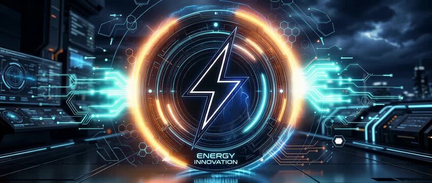 Glowing holographic lightning bolt power core encircled by rotating digital circuitry rings in a futuristic control room above a stormy city skyline, symbolizing energy innovation