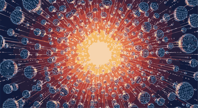 Abstract digital data particles exploding outwards from a bright central light
