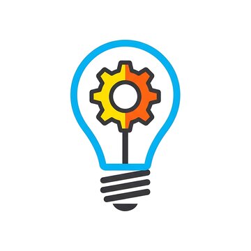 A vibrant, colorful illustration of a lightbulb with a gear inside. The bulb's outline is blue. The gear is yellow/orange, and it rests on a black stem