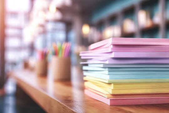 Colorful blank paper stack on wooden surface in office workspace