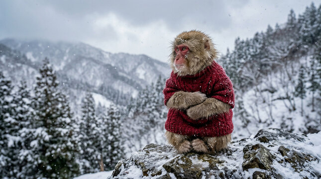 A snow Monkey in Sweater sitting on rocks in a freezing mountain landscape for winter wildlife photography and funny animal calendars.