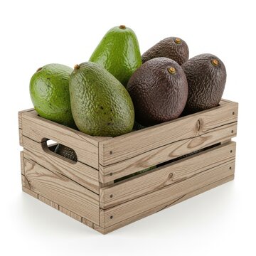 Fresh avocados in a wooden crate