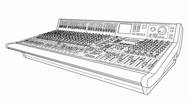 Audio mixing console with numerous faders, knobs, buttons, and screen