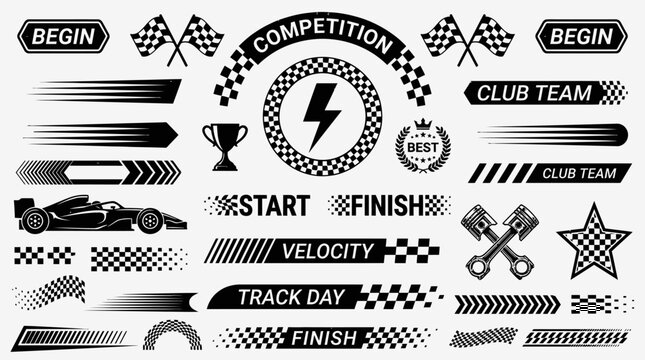 Racing competition team starts velocity track day with speed and finish line flags