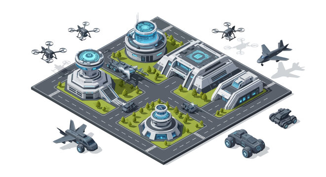 Isometric army base illustration featuring a 3D military base render with various buildings, vehicles, and aircraft on a gray platform with roads, presented with bright, even lighting