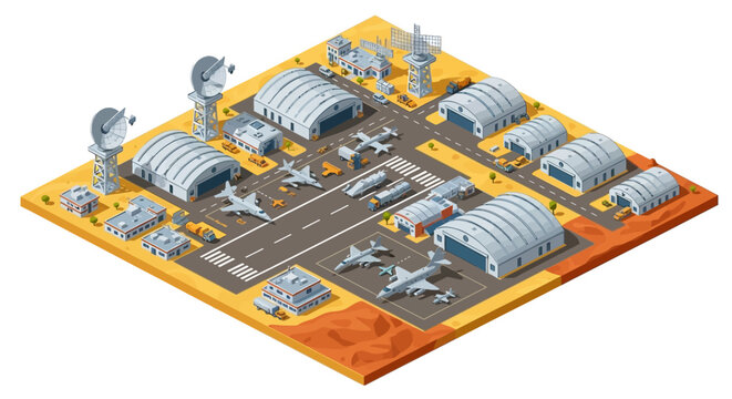 Detailed 3D render of an isometric military base showcasing hangars, radar towers, and various aircraft on a landing strip, set against a simple background with a muted color palette