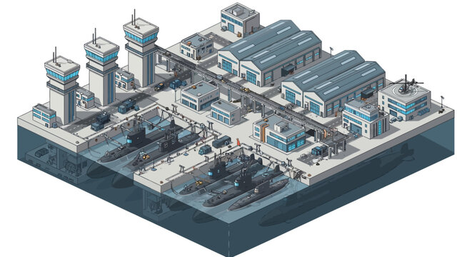 Isometric 3D render of a military base showcasing an army camp with multiple buildings and submarines docked at the port, set against a white background and rendered in a low poly style