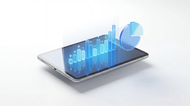 Holographic digital business analytics charts projecting from a tablet, isolated on white background. Data visualization concept