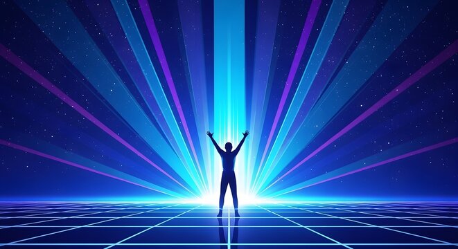 Silhouette of a person standing with arms raised against a cosmic light