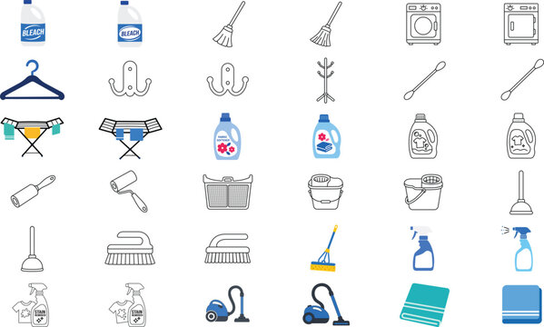 Professional household cleaning and laundry maintenance vector icon set bundle featuring 36 hand-drawn minimalist outline illustrations with editable stroke for customizable line weight and design.