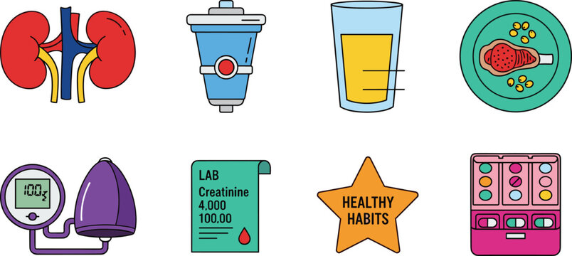 Kidney Health and Wellness Icon Set with Medical Testing, Healthy Habits, and Nutrition Symbols for Websites, Apps, and Digital Media Designs