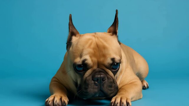 Close-up studio portrait of a fawn French Bulldog puppy lying on a vibrant blue background, front-facing wide-eyed expression with upright ears, detailed facial wrinkles and paws