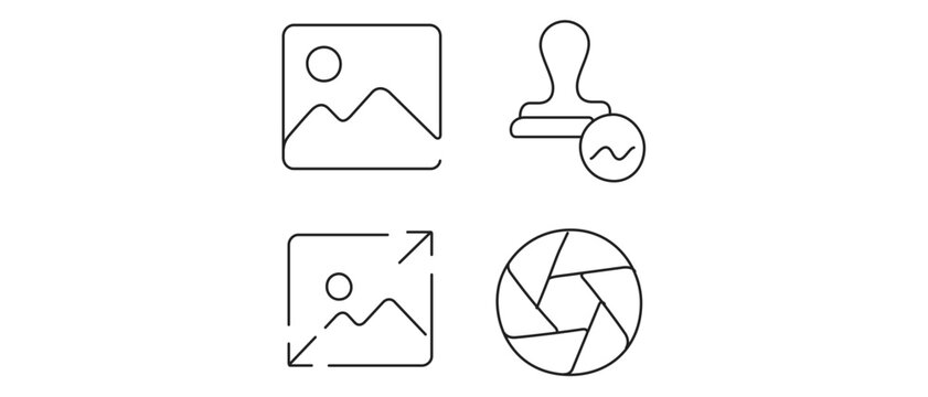 Photography and image discovery vector icon set featuring photo frame, watermark stamp, high resolution symbol, and camera shutter for search and navigation interfaces in a collection of 4 icons.