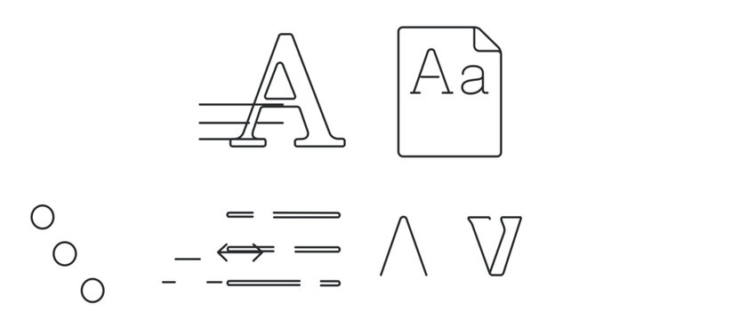 A collection of 4 icons for font and typeface search including a serif letter A specimen, font weight slider, and kerning arrow symbols for professional typography and graphic design creative