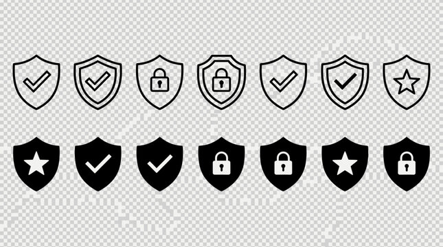 Security icons including shields with checkmarks, locks, and stars are shown.