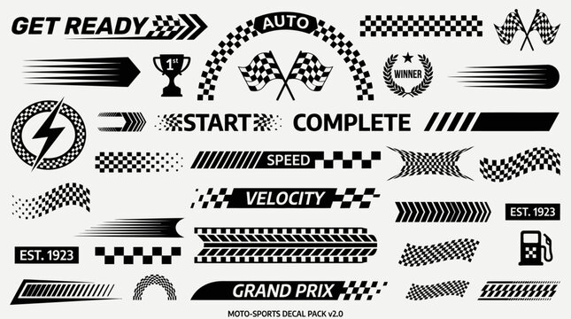 Racing stickers and decals on a white background showcase auto sport designs