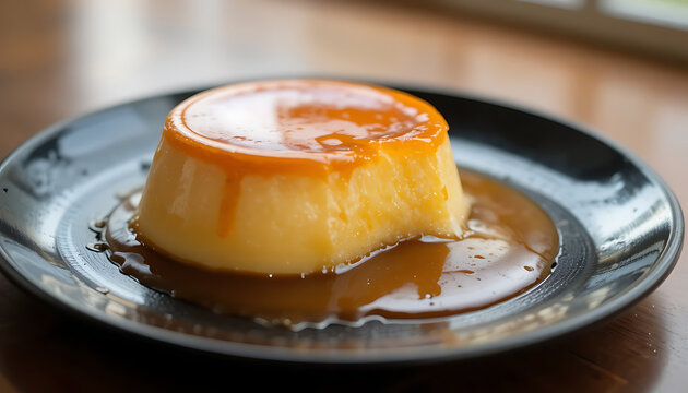 Delicious caramel custard pudding with golden syrup on a dark plate