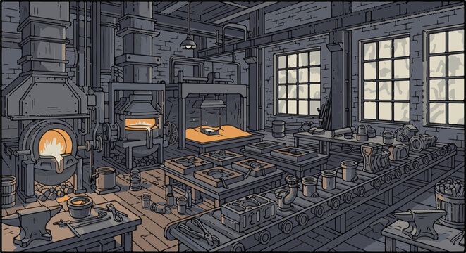 Industrial foundry with molten metal, molds, and machinery in operation