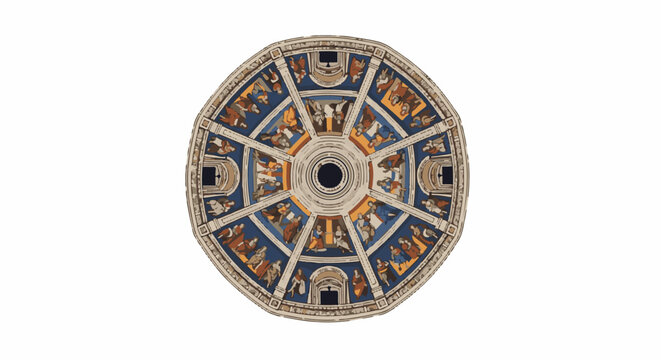 Circular fresco of figures in architectural niches, intricate design