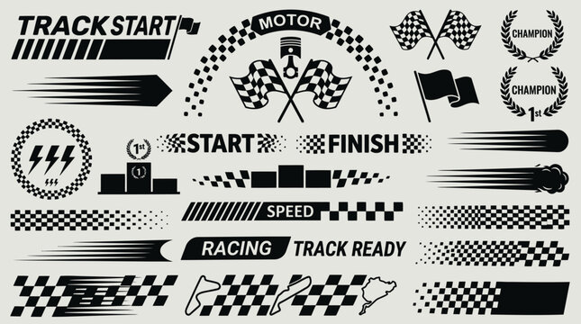 Racing track ready with speed flags and checkered patterns on a motor racing track.