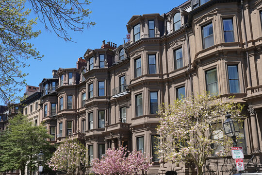 Elegant row of well preserved townhouses from the 1800s, Back Bay area of Boston