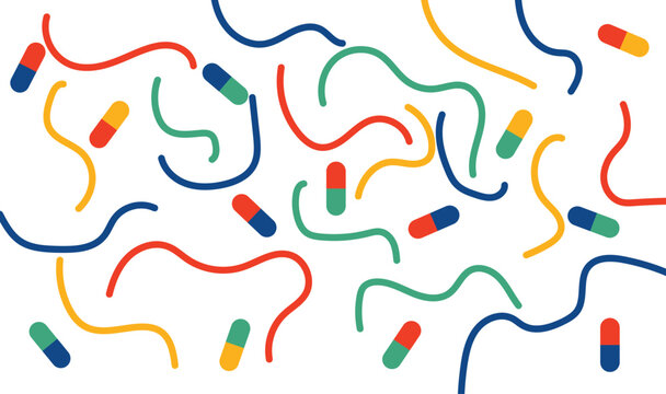 Colorful Squiggle Pattern with Rainbow Wavy Lines and Pills Capsules, Playful Abstract Seamless Background 