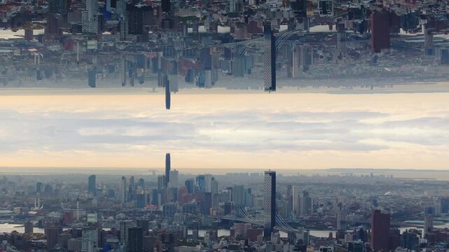 Surreal aerial mirror effect of New York City skyline with Manhattan and Brooklyn, featuring skyscrapers and bridges reflecting over East River in dizzying loop