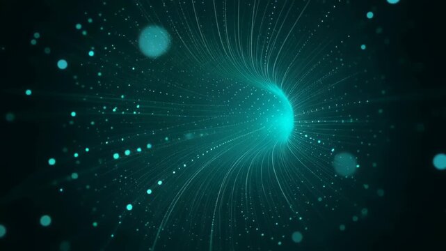 Teal glowing particle vortex with radiating filament lines and a luminous core forming an abstract neural-network or cosmic energy tunnel of flowing data on dark background