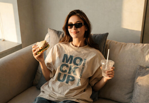 Beige Lifestyle T-Shirt Mockup of Young Woman Eating Sandwich on Sofa