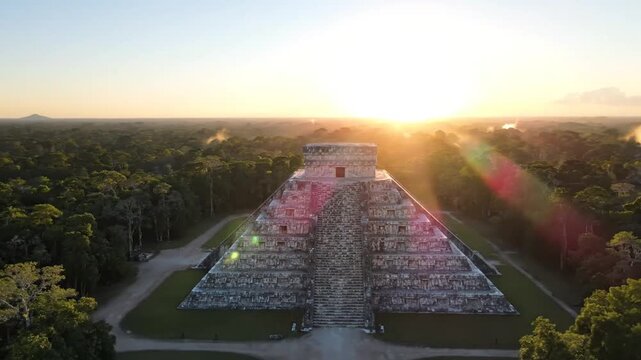 Aerial Sunset View Of The Chichen Itza Mayan Pyramid In Mexico With Golden Lens Flare And A Lush Green Jungle Backdrop