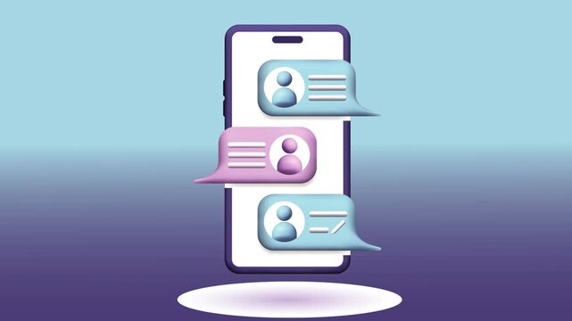 A smartphone displays three chat bubbles with user profile icons on a purple and blue background with a white surface.