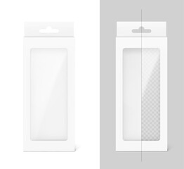 Obraz premium Universal mockup of blank cardboard box with transparent window and hang slot. Front view. Vector illustration isolated on white and grey background, ready and simple to use for your design. EPS10.