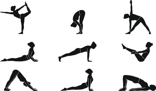 Set of young woman silhouettes practicing various yoga poses including dancer standing forward fold triangle and plank isolated on white background for fitness and wellness